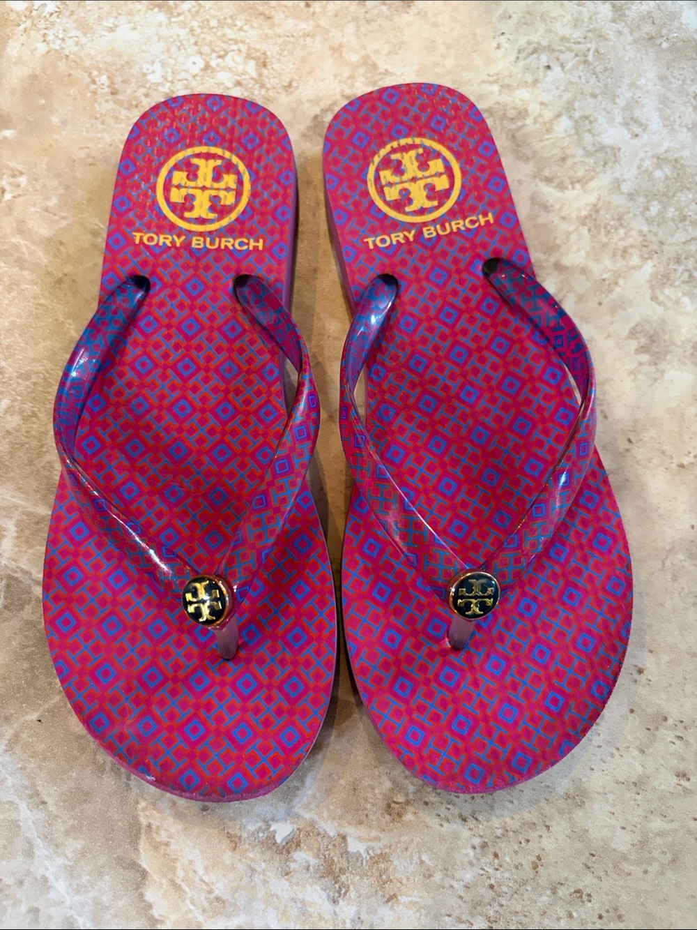 Big girls size 4 - Tory Burch Pink and Blue Patterned Logo Flip Flop Sandals